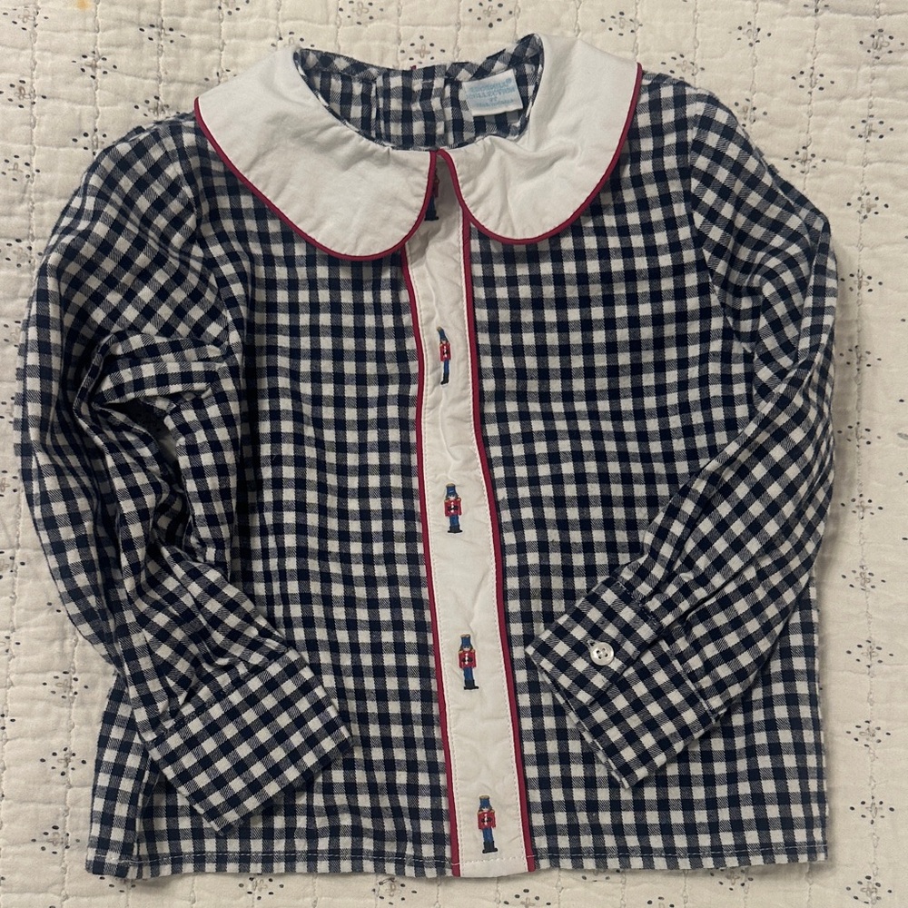 Edgehill Collection Navy and White Gingham Peter Pan Collar Top with Red Trim